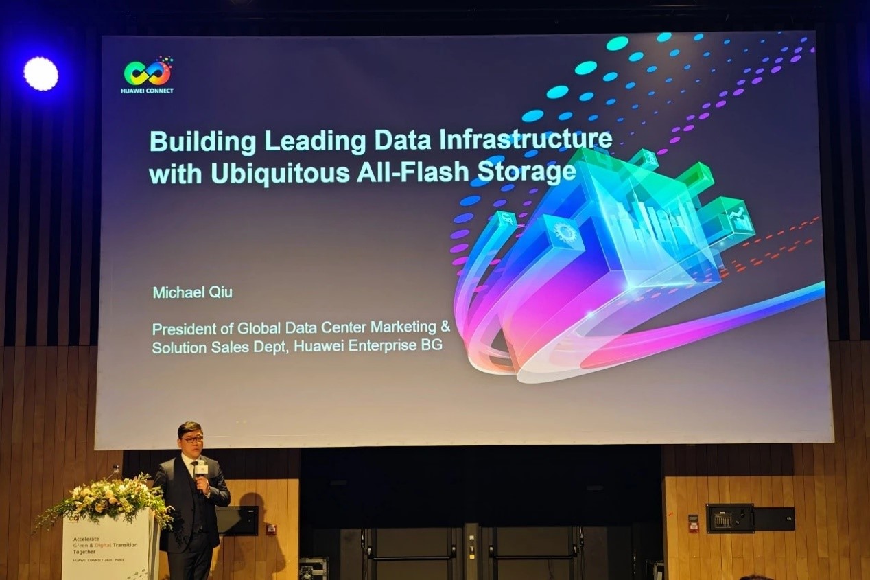 Michael Qiu, President of Global Data Center Marketing & Solution Sales Dept of Huawei Enterprise BG at HUAWEI CONNECT 2023 in Paris